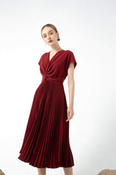 Silk Midi Dress with Pleated Skirt, V-Neck Twist Bodice and Cap Sleeves for Elegant Styling